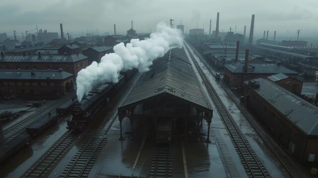Steam Train Departs Mist, Lonely Railway Engine Begins Voyage Amid Fog
