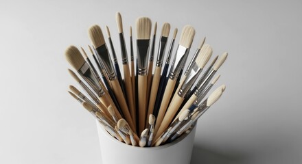 Fototapeta premium Collection of various artist paint brushes in a white container on a light background.