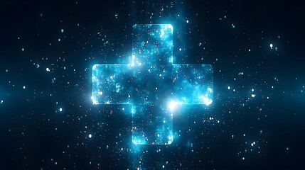Abstract glowing medical cross symbol made of digital particles, health tech