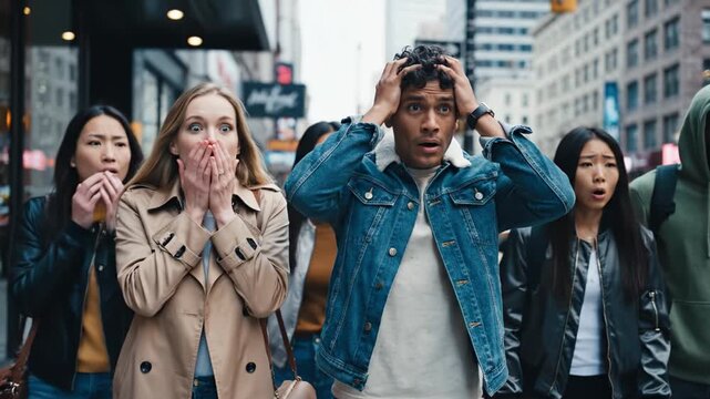 Diverse group of people reacting with shock and disbelief on a busy city street. Urban setting with intense emotional expressions. Ideal for news, social reaction, or dramatic storytelling.