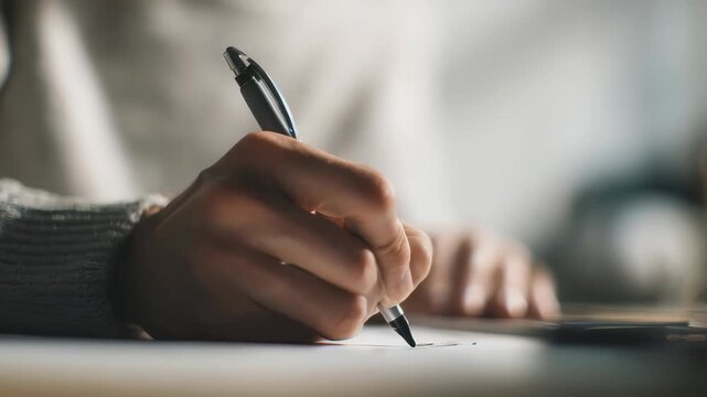 Closeup of a person writing with a pen on paper at a desk, capturing the creative process and focus. Modern workspace atmosphere with natural lighting and soft background blur