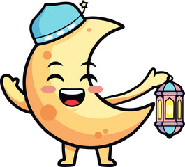 Obraz premium Ramadan illustration of moon character holding lantern and glass in fun character drawing style.