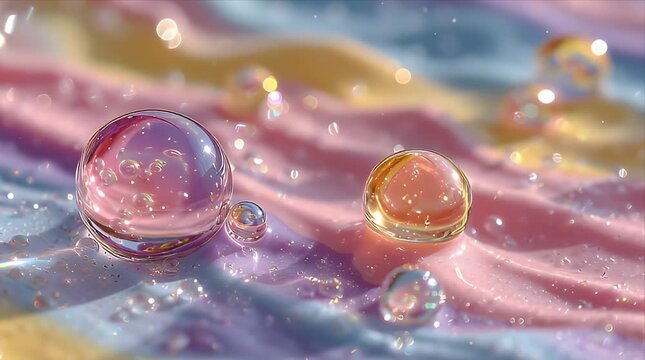 複数のきらめく水滴がカラフルな波打つ液体の上で反射し輝く様子
