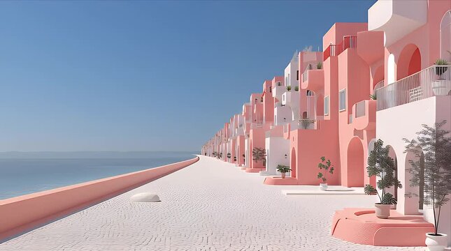ピンク色の建物が海岸線に沿って整列するミニマルなリゾート風景