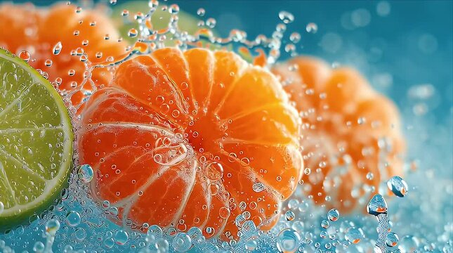 水しぶきと泡に包まれた新鮮な柑橘類とライム