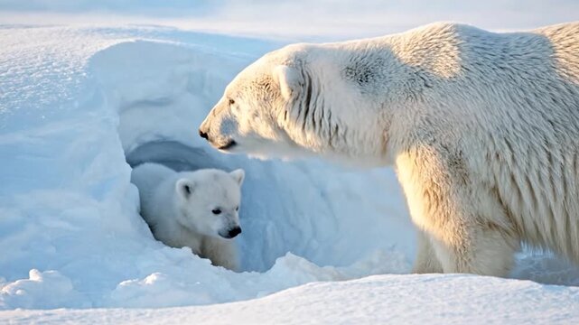 A polar bear mother stands watch as her cub emerges from a snowy den in a frigid landscape
