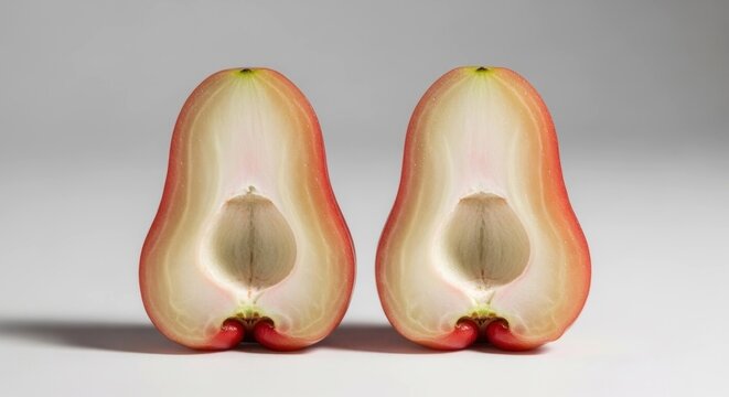 Two halves of a fresh, ripe rose apple fruit, showcasing its unique bell shape and light pink skin.