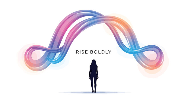 Silhouette of a woman standing under colorful gradient infinity loop with 'RISE BOLDLY' text