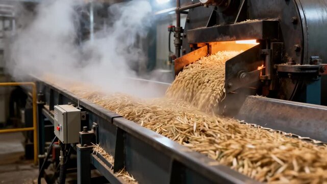 Medium shot capturing the automated stoker system in a huskfired boiler room showing continuous rice husk fuel feed and rising steam.