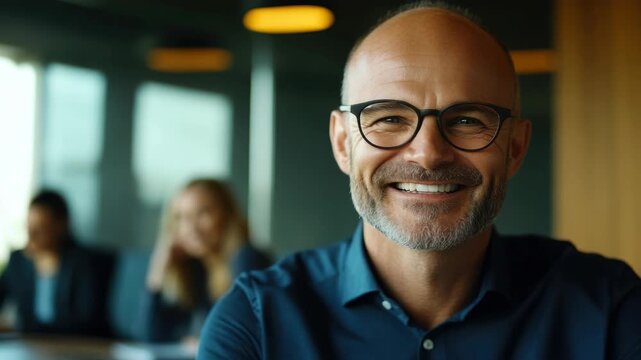 A confident man in eyeglasses, smirking with grey hair and beard.