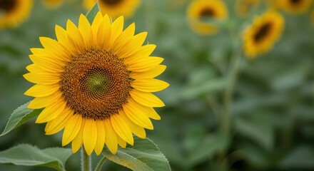 Fototapeta premium Vibrant yellow sunflower in full bloom with a blurred green field background.