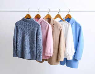 クローゼット内の白いバーに吊るされた冬物の衣類
