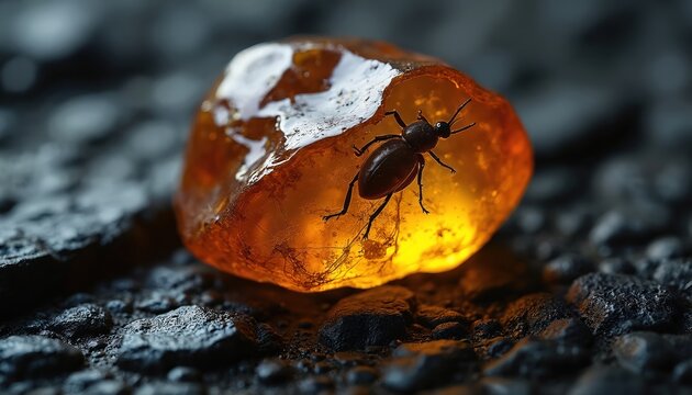 Tiny insect preserved in bright amber stone. Close up shows fossilized detail and warm glow. Natural resin captures ancient life, a unique prehistoric specimen.