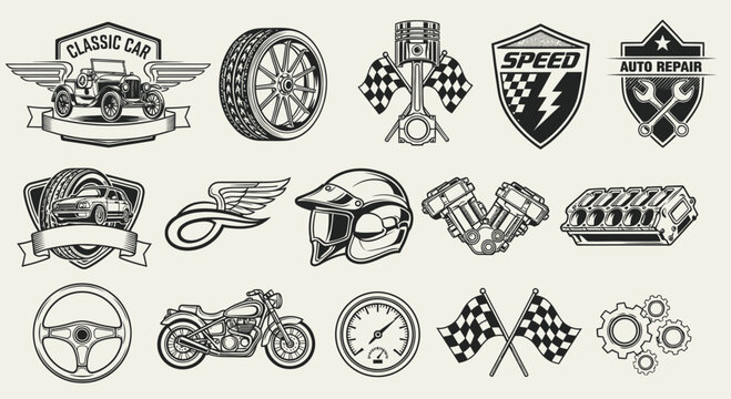 Collection of vintage automotive, racing, and motorcycle-themed black-and-white line art icons