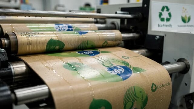 Close medium shot focusing on waterbased flexographic printing illustrating the ecofriendly application of logos and designs onto corrugated sheets with sustainability in mind.
