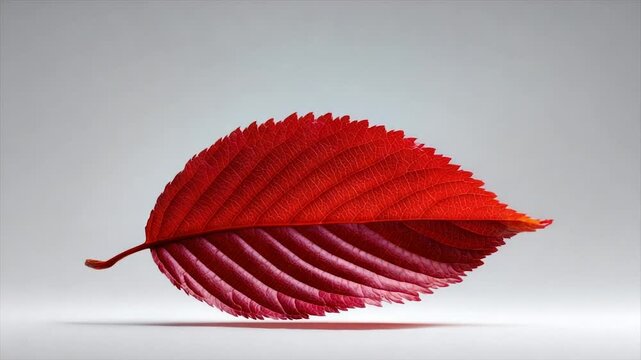 A vibrant, crimson leaf with detailed veins floats against a soft, gray backdrop