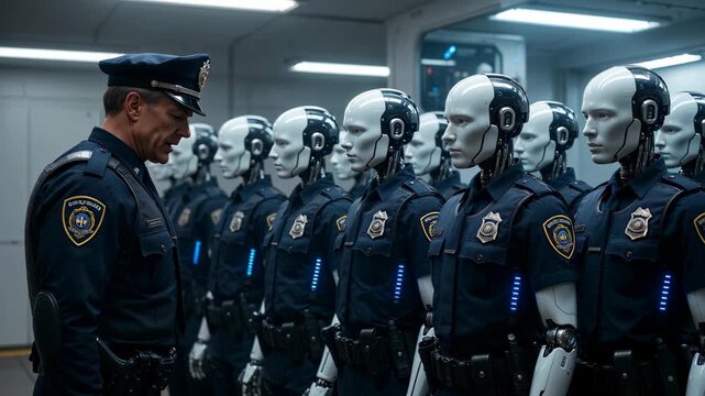 A police officer briefs police androids on their duties, and the police androids salute the police officer