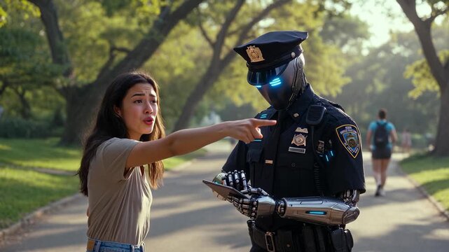 Robbery of a girl. A girl in Central Park tells a police android how she was robbed and where the robber ran off to