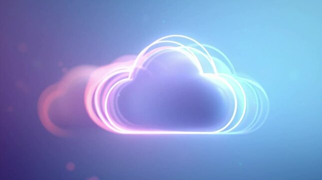 Glowing neon cloud icon with purple and blue gradient on a dark background