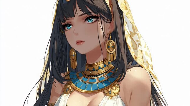 Animated Busty Anime Egyptian Queen Woman in Glamorous Dress With Golden Accessories