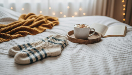 Cozy wool socks and warm blanket on bed with hot drink and open book create perfect sleep rest recovery moment in soft light