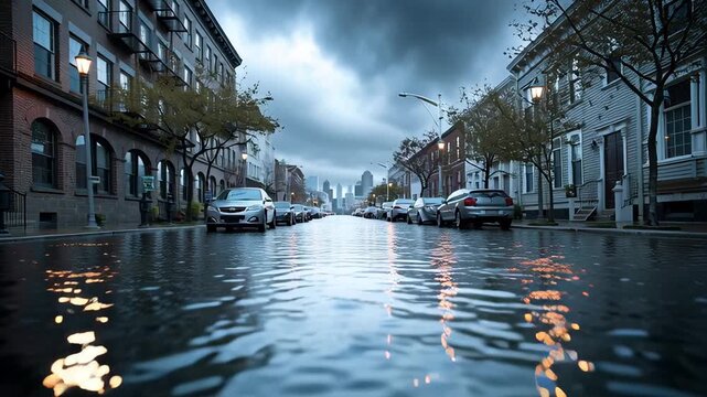 Flooded city street with submerged cars and buildings after heavy rain, natural disaster, urban flooding and climate change concept