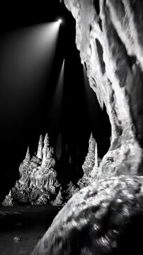 Mysterious Cave Formations Illuminated by Dramatic Spotlights.