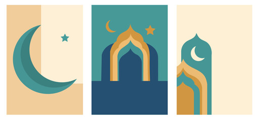 Abstract islamic poster collection featuring stylized mosque arches crescent moon and stars in soft aesthetic color palette design