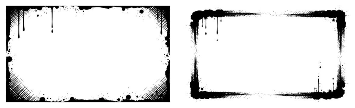 Set of two rectangular grunge frames with dripping ink edges and distressed paint splatter border