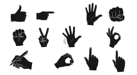 Fototapeta premium Collection of black and white hand gesture silhouettes displaying thumbs up, pointing, peace sign, fist, OK, and various other signs with outline details