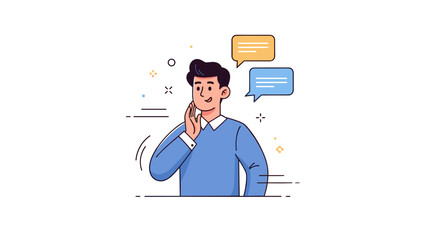 Smiling young caucasian male communicating with speech bubbles