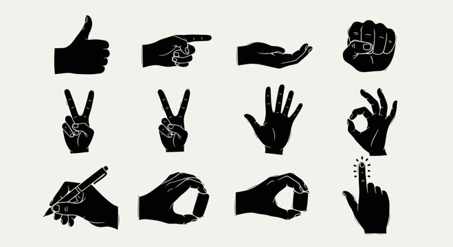 Collection of black silhouette hand gestures illustrating various signs including thumbs up, peace, OK, and writing