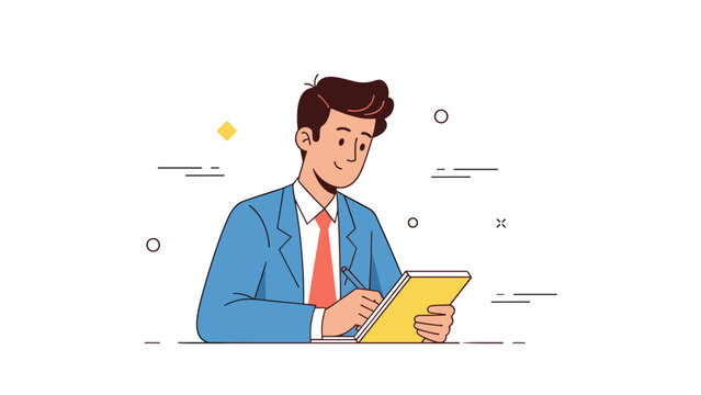 Young hispanic male professional taking notes in blue suit with yellow notepad