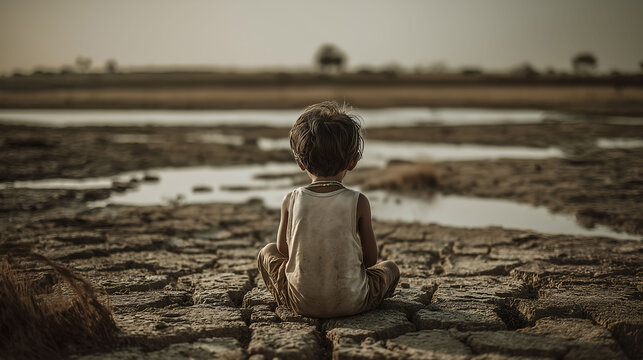 A small child sits alone on cracked, dry earth near shrinking pools of water, highlighting the severe impact of drought, climate change, and water scarcity