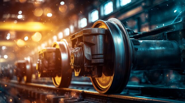 Heavy duty train wheels resting on tracks in industrial facility