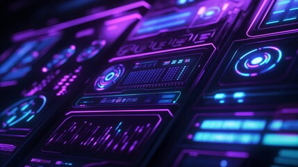 Obraz premium Futuristic dashboard panels float in dark space with bright colors and glowing designs