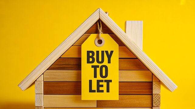 Buy to let sign on wooden house model representing property investment concept
