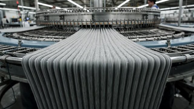 Wide medium shot capturing heavy rib knitting process emphasizing thick durable ribbed fabric designed for robust cuffs and waistbands in outerwear.