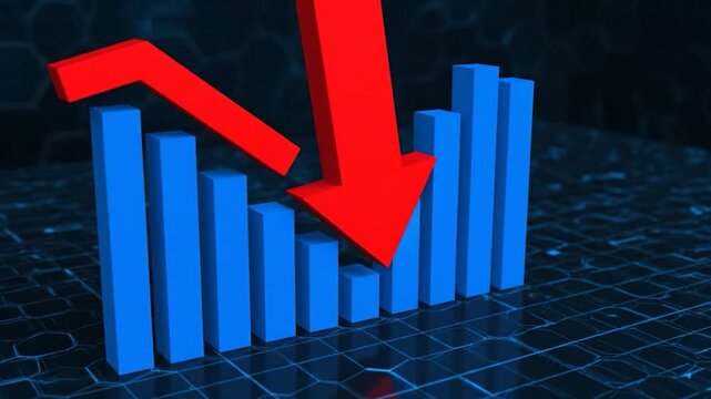 A red arrow pointing downwards over blue bar graphs suggesting decline. Background is a grid