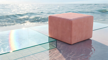 Pastel coral geometric cube on reflective wet tile by ocean minimalist abstract illusion design background