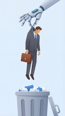 Robot Hand Dropping Businessman into Trash Bin Representing Job Loss, Automation Impact, Artificial Intelligence Replacing Human Workforce in Corporate Industry, Business Flat Illustration, Vertical 