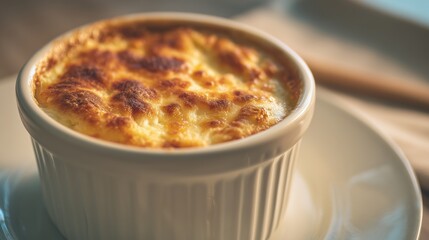 Baked individual cheese souffle served in white fluted ramekin