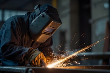 Factory welding work, close-up sparks detail, defocused industrial background
