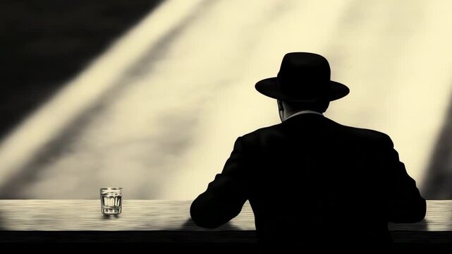 A man in a black hat sits alone at a bar with a glass in front as light shines down in a dim room