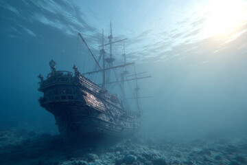 Fototapeta premium An underwater shipwreck surrounded by murky water.