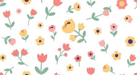 Colorful floral pattern with tulips and daisies on white background.