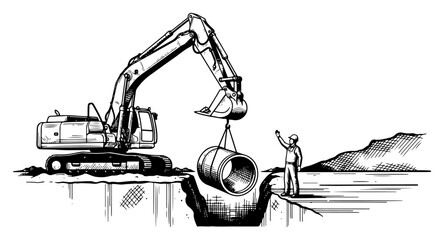 Excavator lowering a large concrete pipe into a deep trench on a construction site © AnjaliDesai