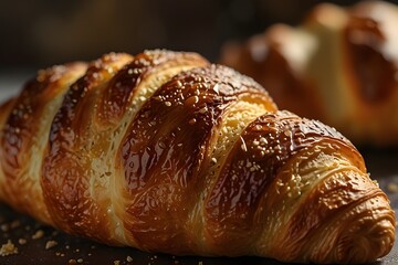 Artisan croissant detail, macro shot, bokeh background
