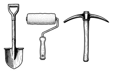 Set of manual tools featuring a shovel paint roller and pickaxe for work © AnjaliDesai