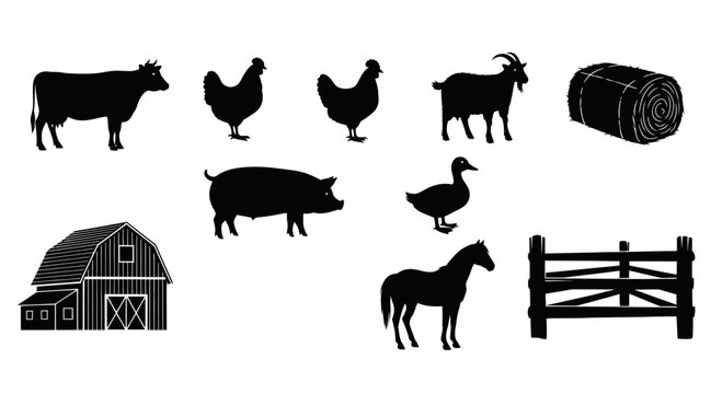 Silhouettes of farm animals, barn, hay bale, and fencing on a white background